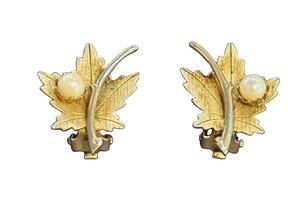 1960s Sarah Coventry Whispering Leaf Faux Pearl Gold Tone Satin Clip On Earrings